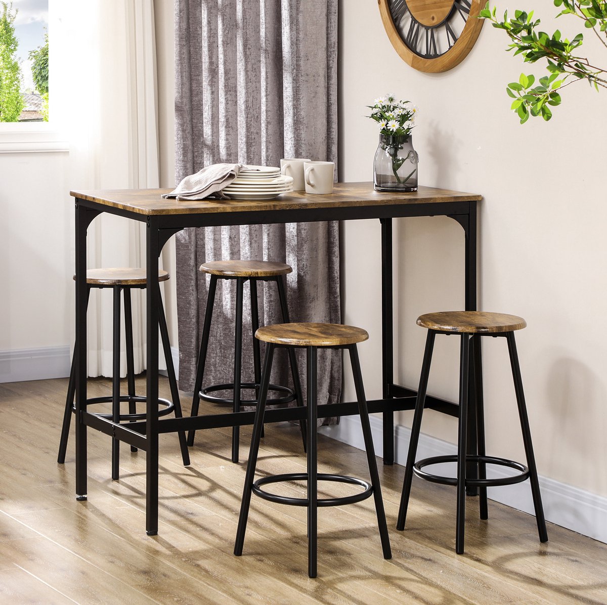 STILVORA Bartafelset Met 4 Barkrukken - Industrieel Design Voor Keuken En Bar - Houtlook En Metaal - 110x50x89,5 Cm