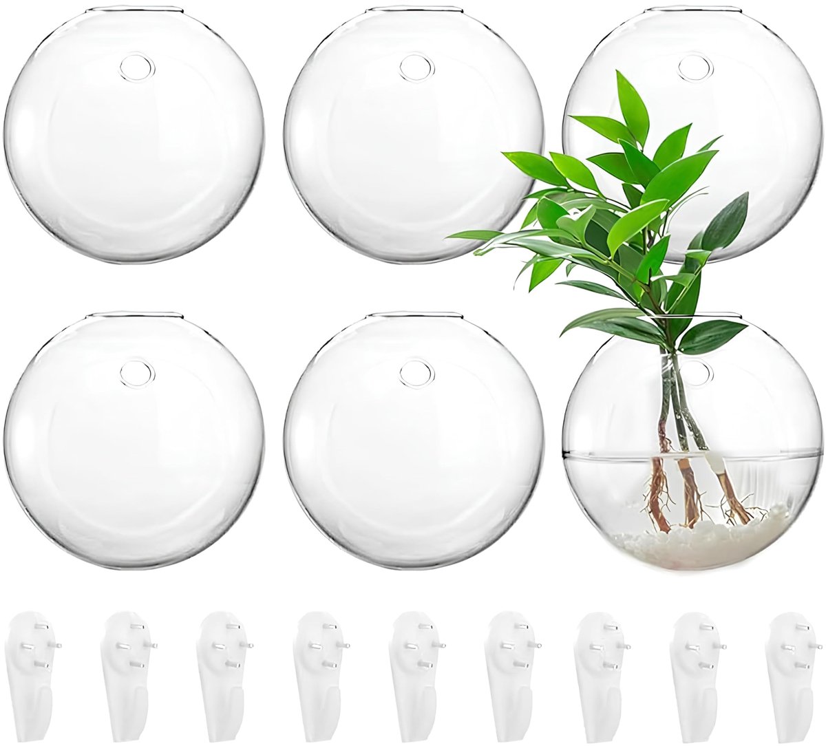 Yarlung Set van 6 wandhangende plantenbakken, 11 cm glazen oblate wereldbolplantencontainers, wandmontage, heldere bloemenvaas voor het vermeerderen van hydrocultuur, luchtplanten