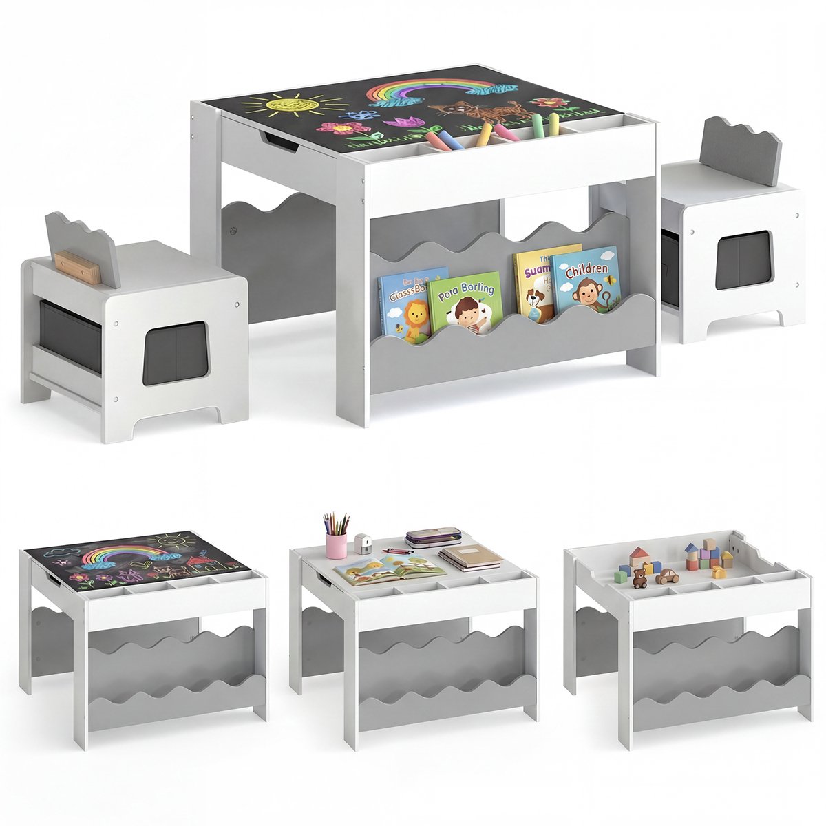 COSTWAY Kindertafel met 2 stoelen, 3-delige kinderset met opbergruimte | 4-in-1 kinderverftafel met omkeerbaar tafelblad, boekenplank & stoffen laden, knutseltafel voor kinderen vanaf 3 jaar, Grijs