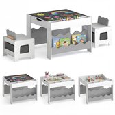 Set van vier afbeeldingen van de kindertafel: met stoelen, omkeerbaar tafelblad, boekenplank en opbergvakken.