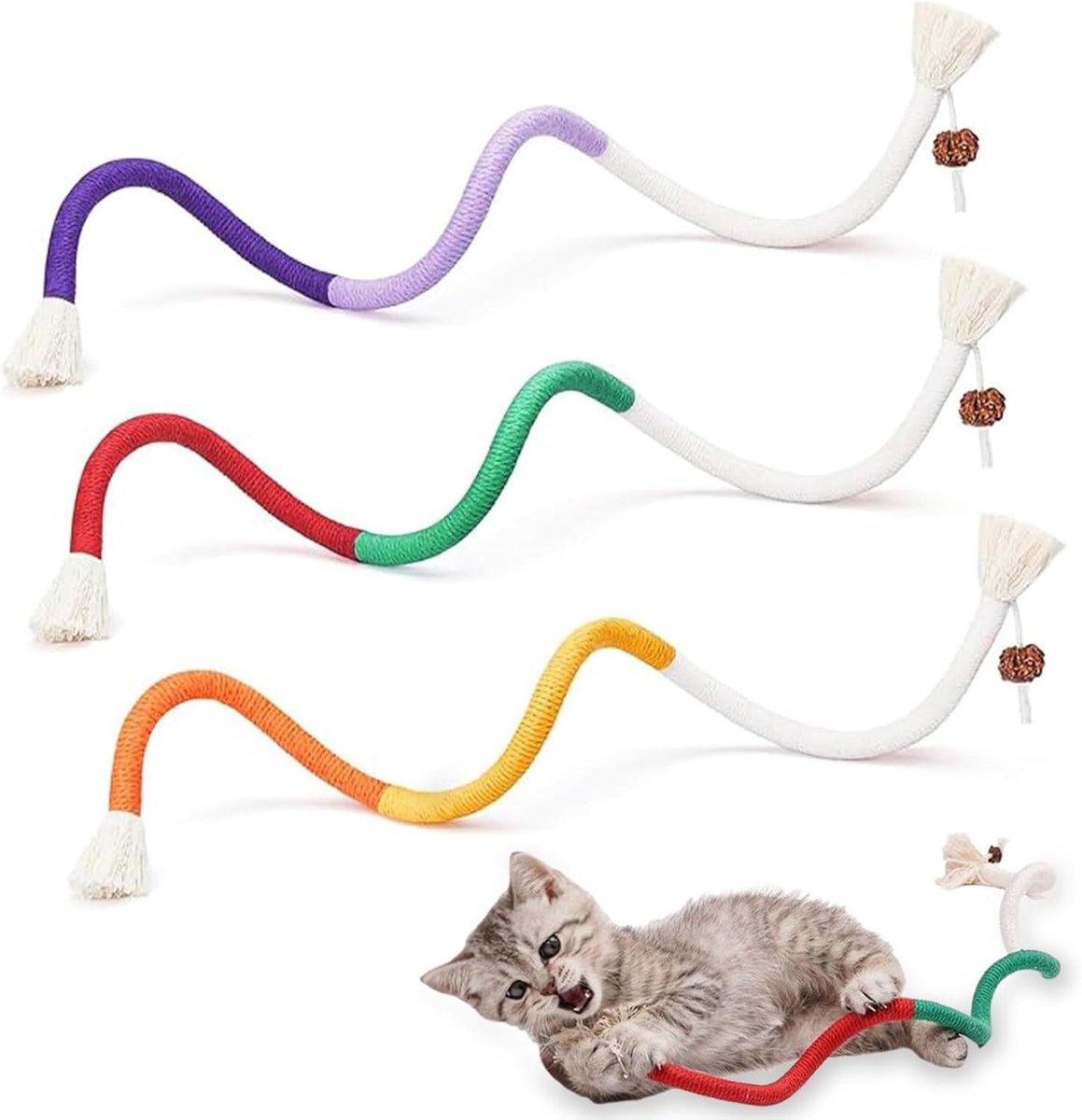 Katten Kauwspeelgoed Set - Touw Speelgoed Katten - Tanden Reinigen - Met Natuurlijke Kattenkruid - 3 Stuks 60 cm