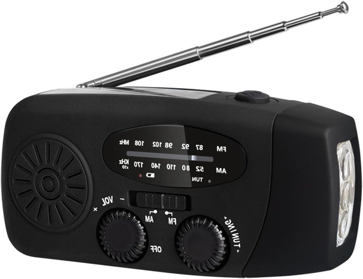 Draagbare Noodradio - Zwengelradio Weer - Noodsituaties Thuis - Drie Oplaadmethoden - 12.9 x 6 x 4.5 cm - Zwart