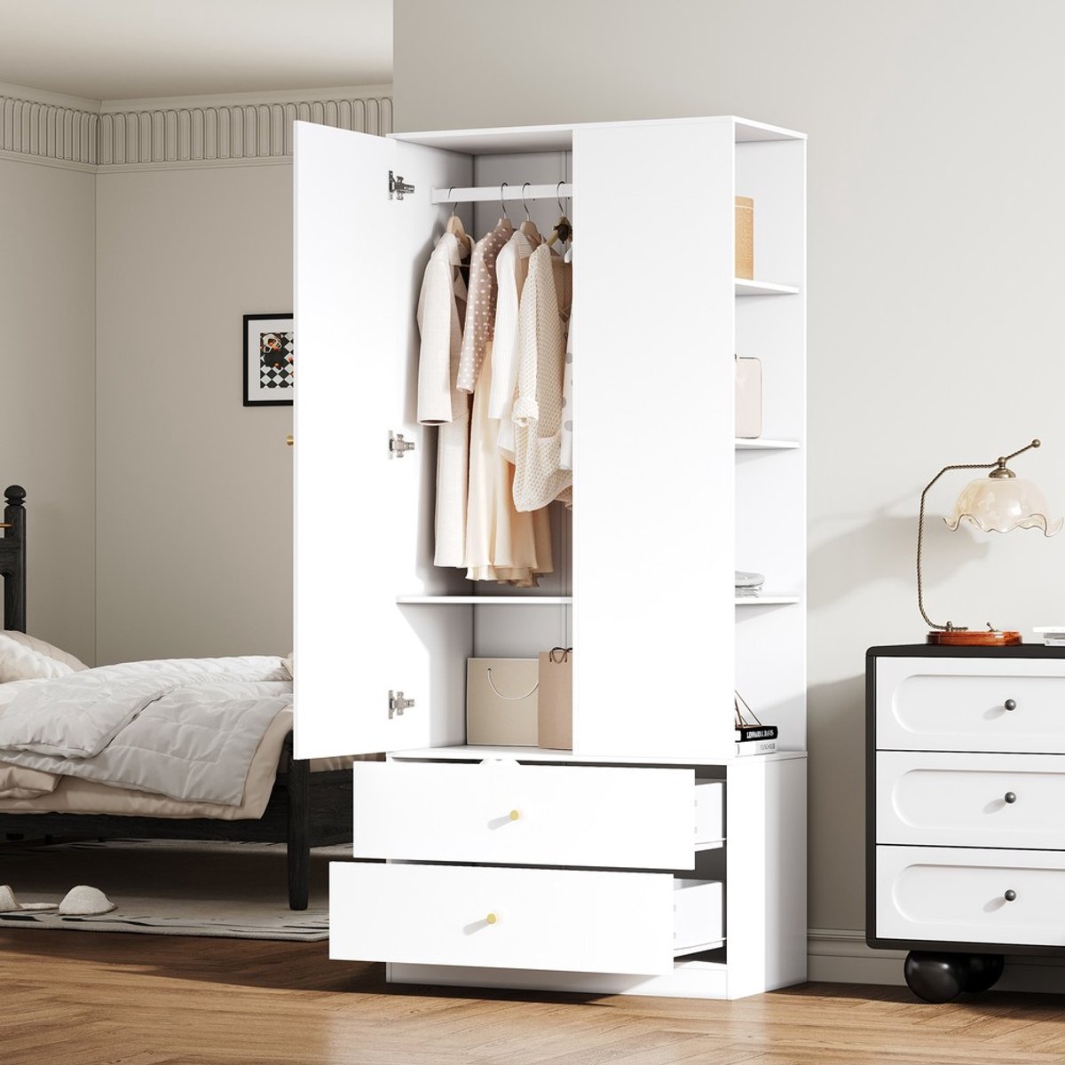KOMHTOM Kledingkast met Spiegel - Wit - 2 Lades - 4 Legplanken - 1 Deur - Garderobekast Slaapkamer - Opbergkast Kleding - 80x40x180 cm