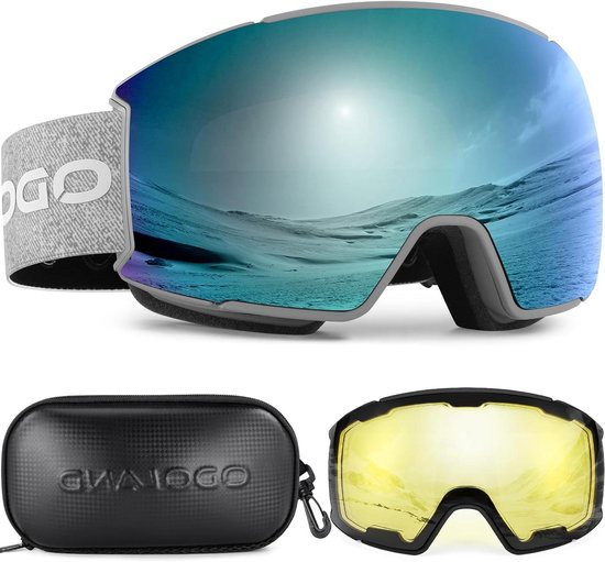 Ski Goggles - Skibril Wintersport - Bescherming Ogen - Magnetisch Wisselbare Lenzen - Unisex - Grijs Lichtblauw