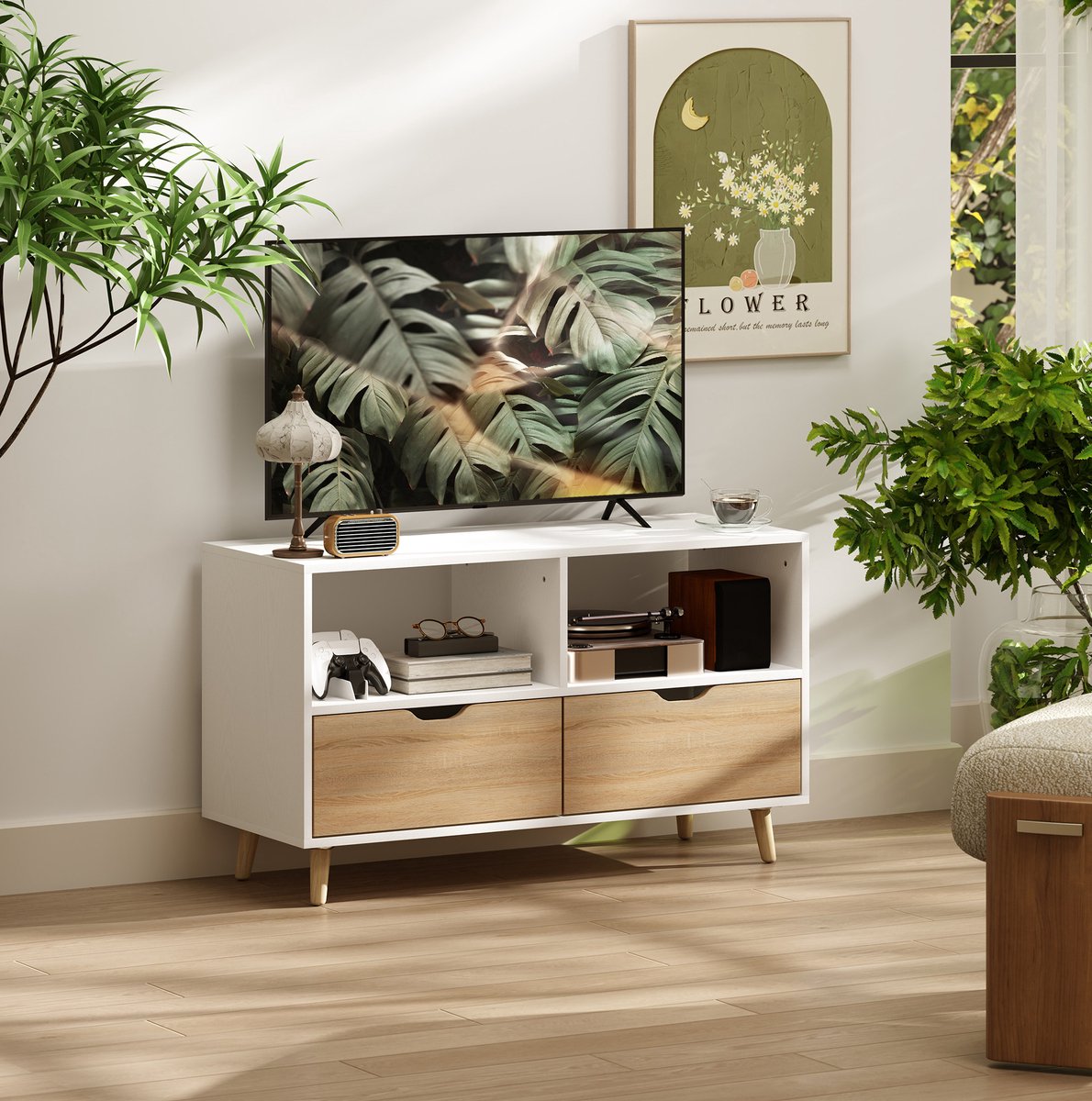 MEUNIQ TV-meubel lowboard 99 x 39 x 58 cm met 2 open vakken en 2 lades, tv-kast voor woonkamer met kabelopbergruimte en houten poten, wit