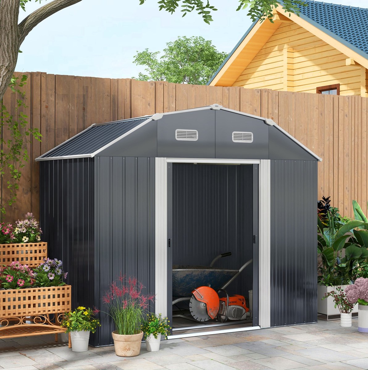 MEUNIQ metalen tuinschuur 238 x 132 x 198,5 cm met 2 schuifdeuren, verstelbare legplanken, 2 ventilatieopeningen en funderingsset voor tuinberging, donkergrijs