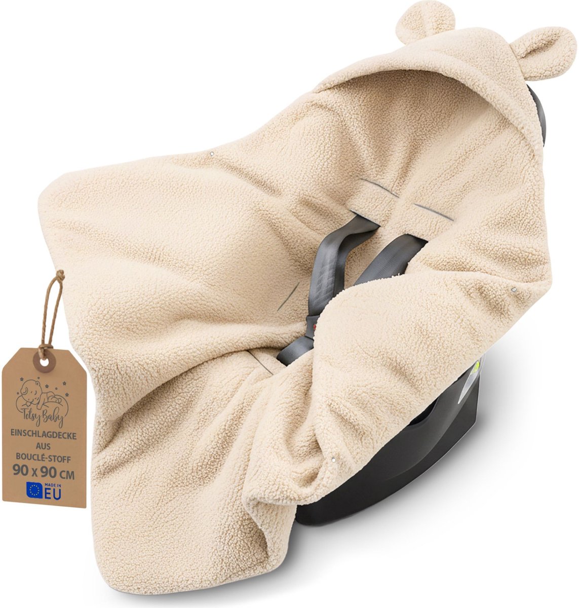 Warme boucle inbakerdeken voor autostoel en kinderwagen – Teddy babydeken dubbelzijdig met capuchon – premium voor de winter pasgeborene 90×90 cm Crèmekleurig