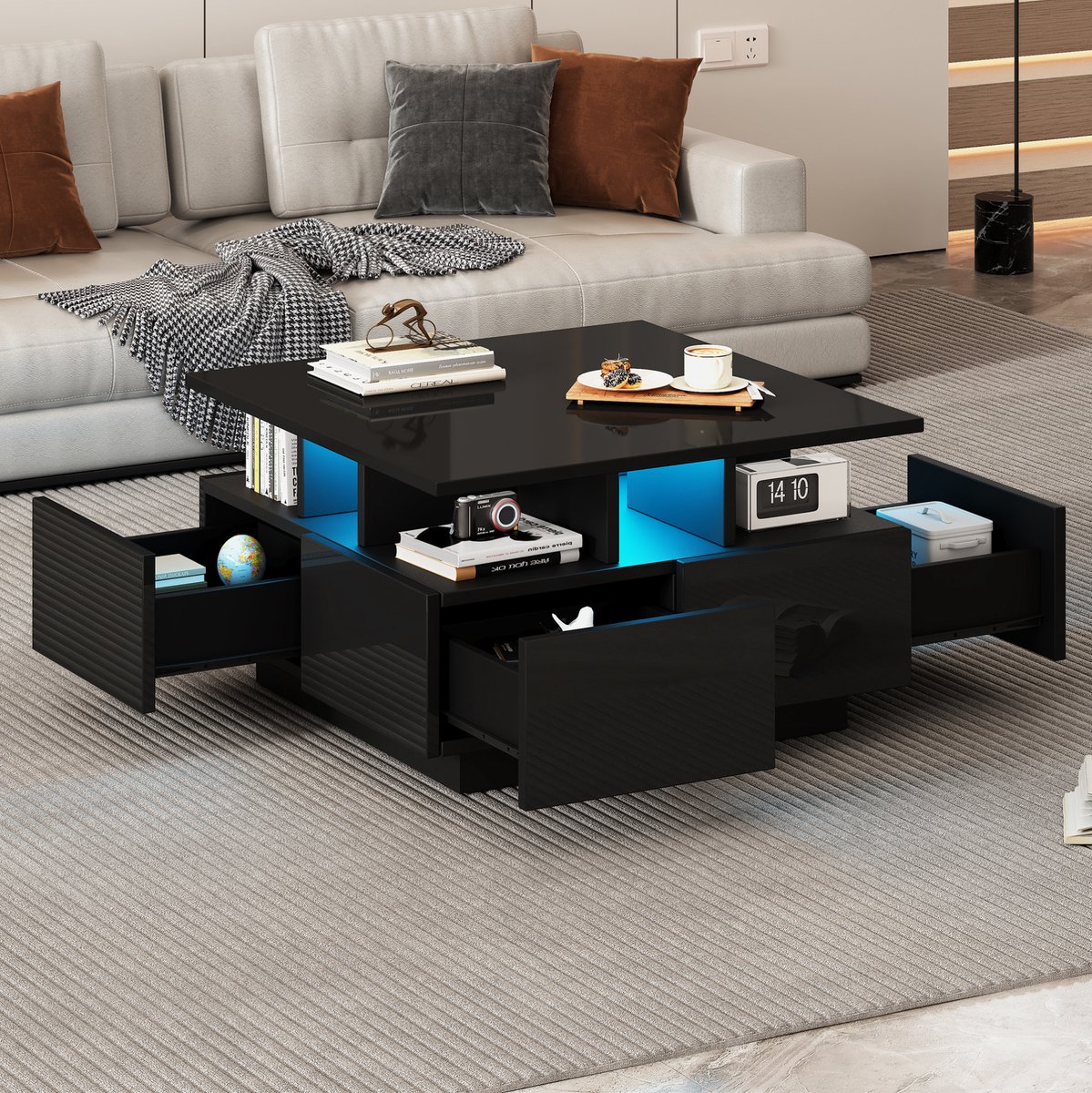 HAUSS SPOLE Salontafel - Hoogglans Met LED Verlichting En 4 Lades - Voor Kleine Woonkamer - Spaanplaat - 70x70x40 Cm - Zwart