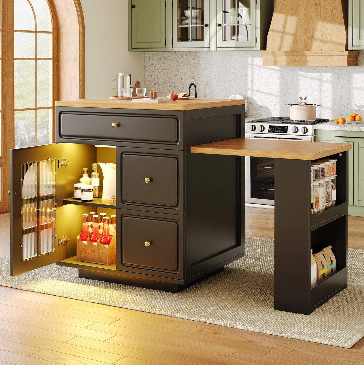 MIVRAY Keukenkast - Uitschuifbaar Keukeneiland Met LED En Laden - Voor Keuken En Eetkamer - MDF En Glas - Zwart - 122,5-195,5x59x93,5 Cm