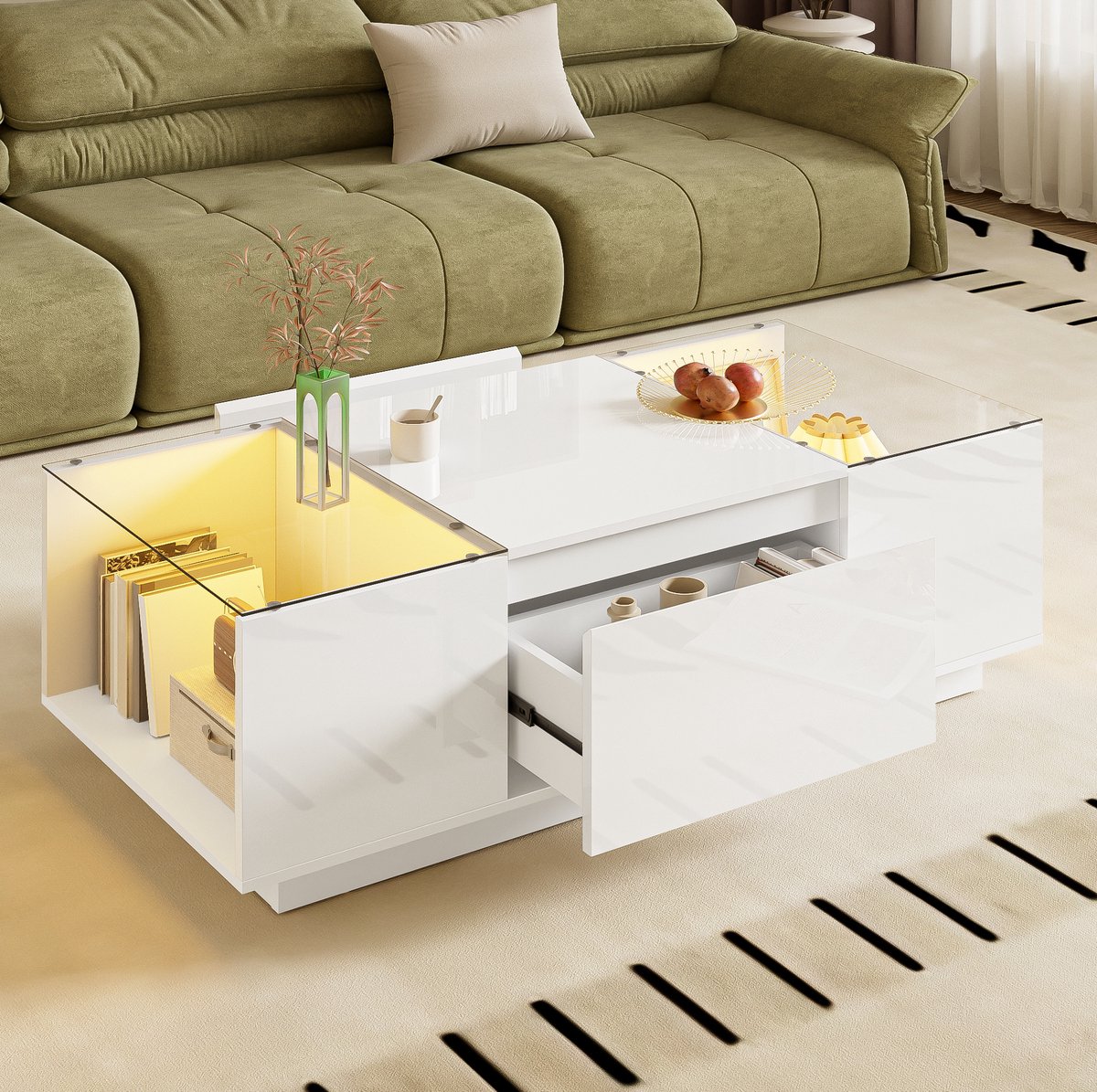 HAUSS SPOLE Salontafel - Minimalistisch Met Ledverlichting En 2 Lades - Met Opbergruimte Voor Woonkamer - Spaanplaat En Glas - 105x50x35 Cm - Wit