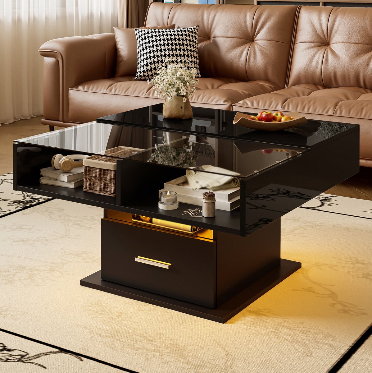 HAUSS SPOLE Salontafel - Hoogglans Lifttafel Met Ledverlichting En Opbergruimte - Opklapbaar Voor Woonkamer En Kleine Ruimtes - Spaanplaat - 78x78x59,5 Cm - Zwart