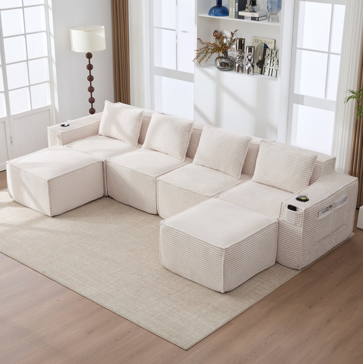 MIVRAY Bank - Modulair 4-Zits Bankstel Van Corduroy - Met 2 Hockers, Bekerhouders En Zijvakken - Voor Woonkamer En Appartement - Beige