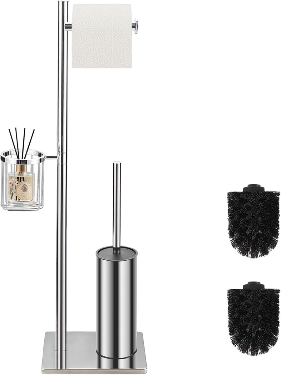 Kloborstel met toiletpapierhouder set en praktisch opbergmandje, vrijstaande wc-borstel van roestvrij staal, 3-in-1 wc-garnituur in minimalistisch en ruimtebesparend design (chroom)
