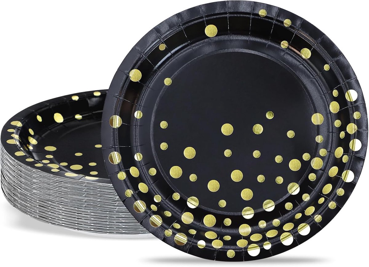 Papieren borden, wegwerpborden, feestservies, zwart met gouden print, gestippeld, 23 cm, papieren serviesset, feestaccessoires, 50 stuks borden voor verjaardagen, bruiloften, jubileum
