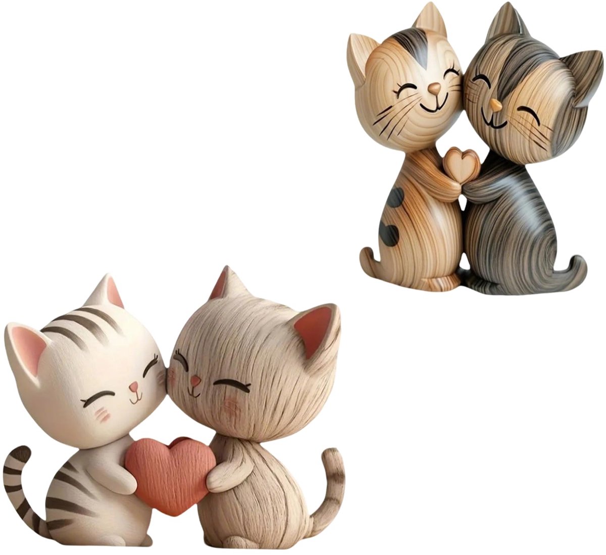Set van 2 2D-kattenpaar van hout, decoratieve figuren voor thuis en op kantoor, kattensculptuur, boekenkast, decoratie, cadeau voor kattenliefhebbers en koppels voor Kerstmis, verjaardag