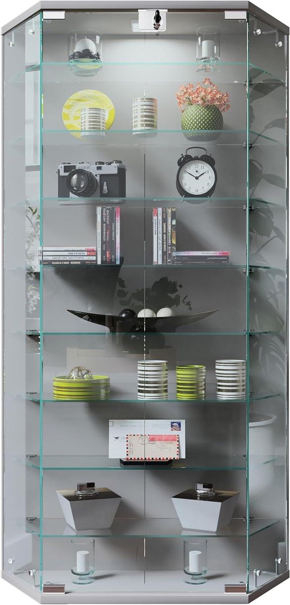 Wandvitrinekast Glazen - Hangende Vitrine - Decoratie Tonen - Trapeziumvormig Ontwerp - 114 x 83 x 17 cm - Zilver