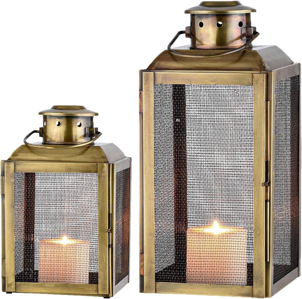 Decoratieve Lantaarns - Set Windlichten - Sfeervolle Verlichting - Antiek Metaal - 34 cm - Goud