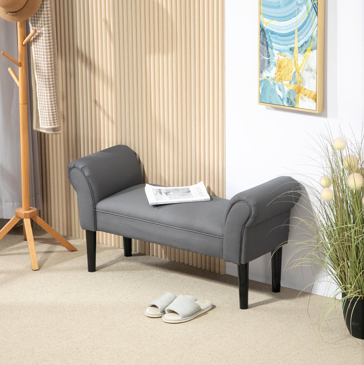 MEUNIQ Bedbank 102 x 36 x 51 cm met zachte stoffen bekleding, MDF basis en zwarte poten voor slaapkamer of hal, donkergrijs