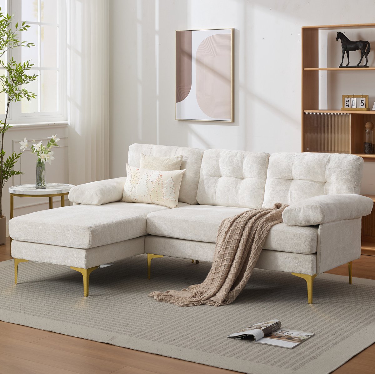 HAUSS SPOLE Hoekbank - L-Vormige 3-Zits Bank - Omkeerbare Chaise Longue Met Gevoerde Armleuningen - Voor Woonkamer En Lounge - Chenille Beige