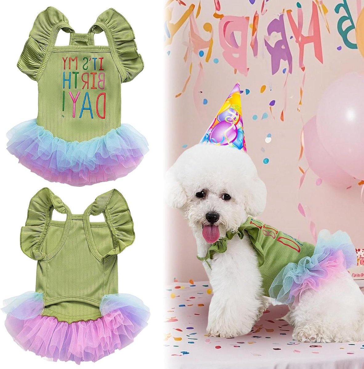 Honden Verjaardagsjurk - Huisdierkostuum Meisje - Feestelijke Viering - Met Ruches en Tule - XXS t/m L - Groen