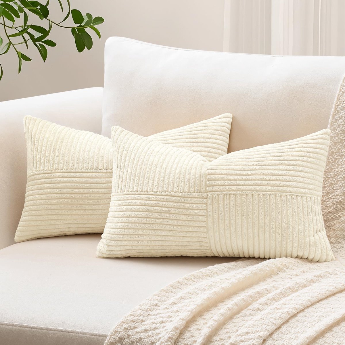 Set van 2 decoratieve kussenhoezen 30 x 50 cm, zachte corduroy gestreepte kruispatchwork-getextureerde kussenslopen, effen lumbaal sierkussenhoezen voor slaapbank, terras, 12x20 inch (30 x 50