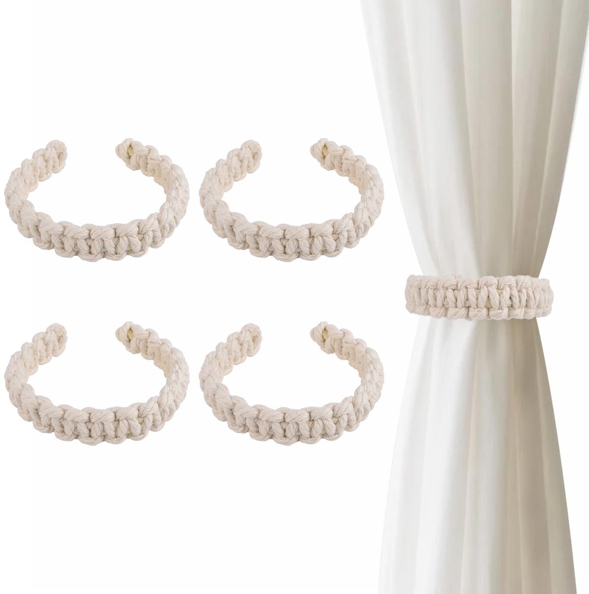 Gordijnbinders van hennep en katoenen touw | Boho decoratieve houders voor woonkamer en slaapkamer (gebroken wit katoenen touw)