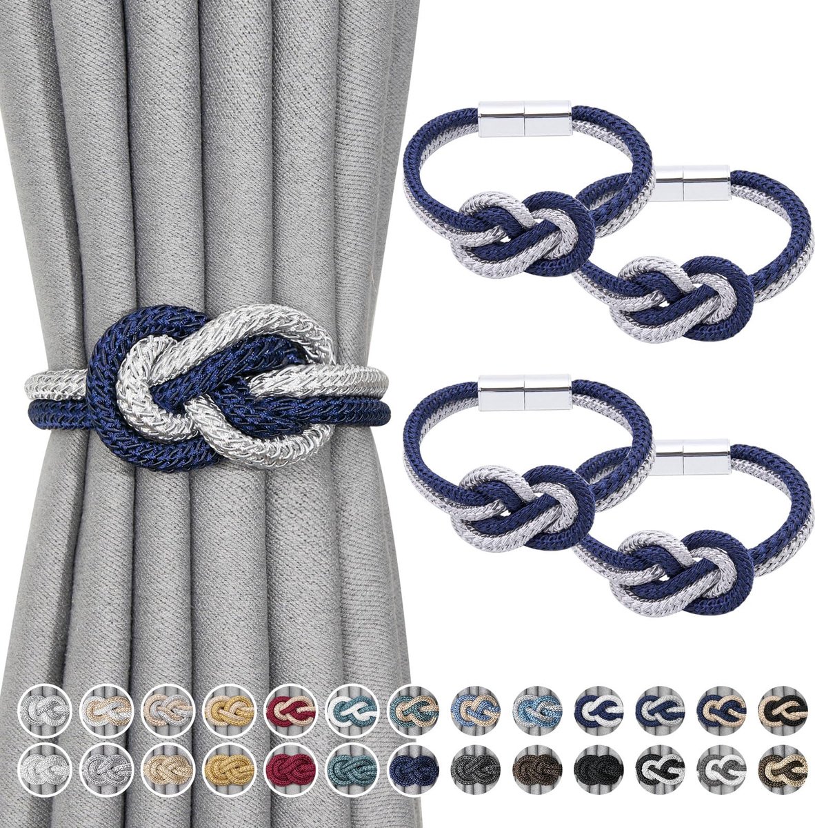 Jolly Mini magnetische gordijnhouder Noors Eenvoudige stijl Elegant decoratief gordijn draperen stropdas terug voor huisvenster gordijnen, donkerblauw & grijs, 4 stuks