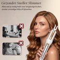 Vrouw met golvend haar en gouden automatische krultang. Beelden van traditionele krultangen met rode kruizen.