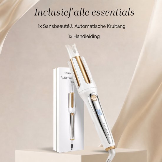 Witte en gouden automatische krultang met verpakking. Inclusief 1x automatische krultang en 1x handleiding.