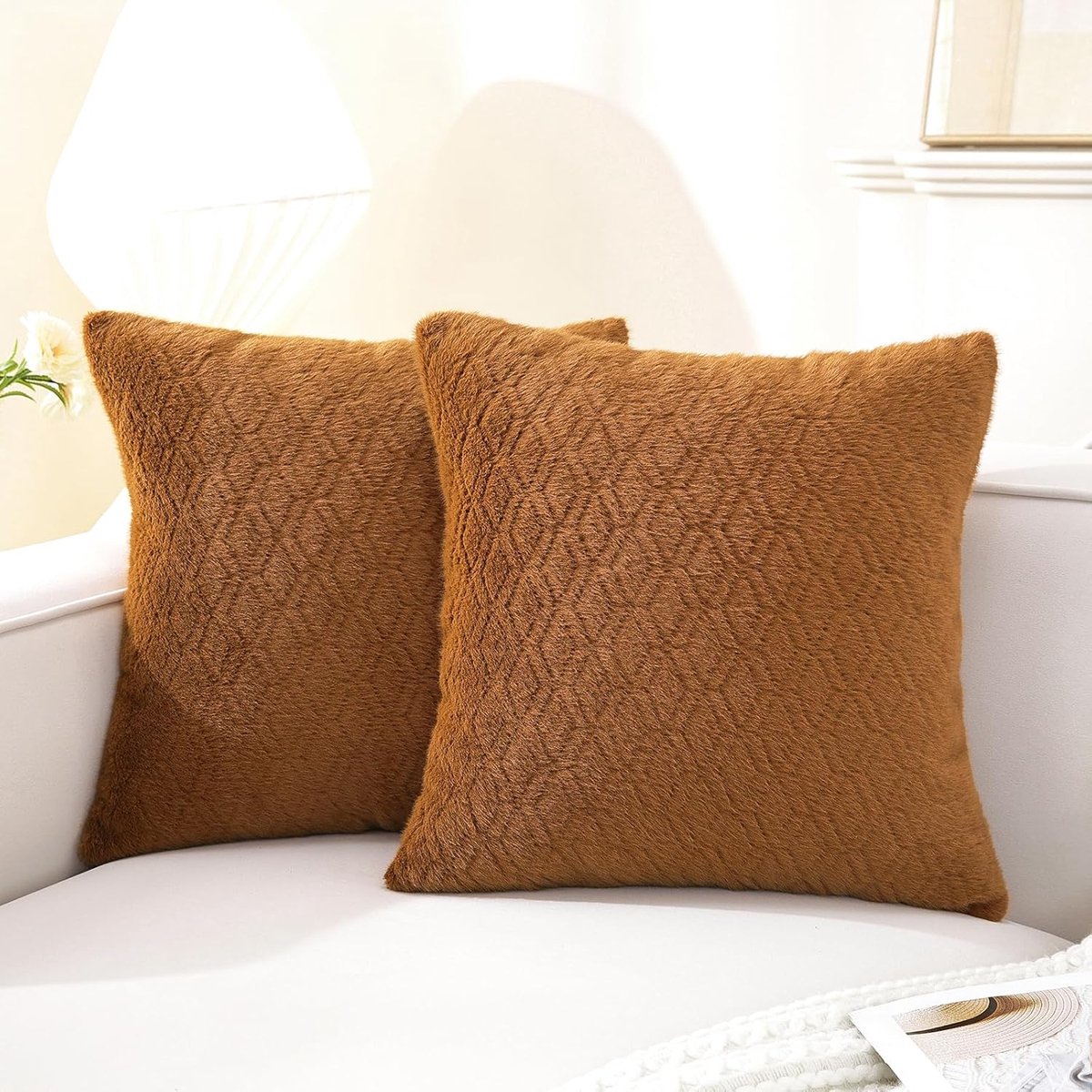 Kussensloop 60x60 cm Set van 2, Chenille Kussenhoezen van Super Zacht Pluizig, Decoratieve Kussenhoes met Verborgen Ritssluiting en Ruitpatroon, voor Bank Woonkamer Slaapkamer, Koffie