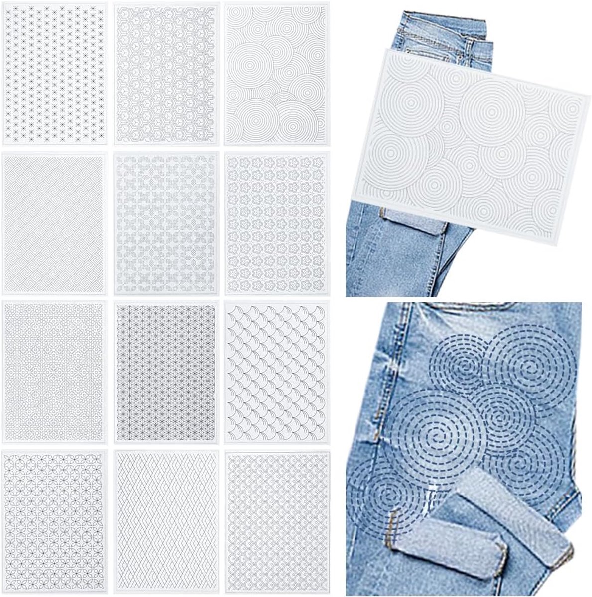 12 Stuks Sashiko Borduurpatroon Wateroplosbare Borduurtransferpatronen Stencils Stick and Stitch Borduurpapier Sashiko Sjabloon voor Hand Quilten en Borduren 29,7×21cm