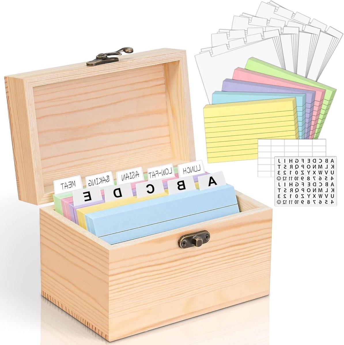 Index Kaarthouder - Receptenbox Hout - Organiseren van Kaarten - Inclusief Verdelers - 3x5 Inch - Houtkleur