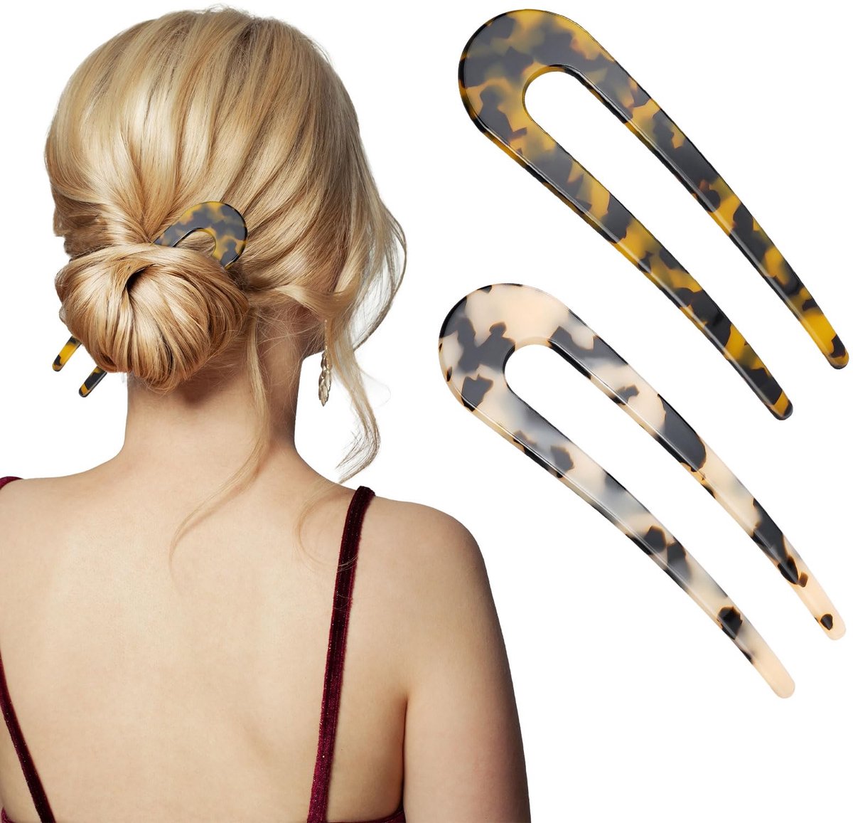 haarspeld, 2 stuks U-vormige haarspelden, acetaat, schildpad, schelp, vorkstokken, delicate Franse twistpins voor broodje, donkere en lichte schildpadclips, meisjes en vrouwen, haarvork