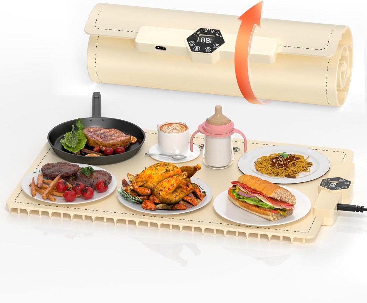 Elektrische warmhoudplaat - Voedselverwarmer - Eten warm houden - Opvouwbaar siliconen ontwerp - 5 instelbare temperaturen - Wit