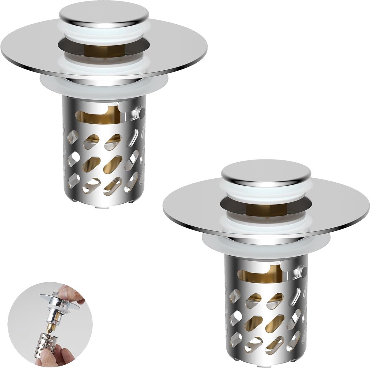 2 stuks universele pop-up wastafelafvoer met stalen filter, wastafelstop voor badkamer en keuken, compatibel met spoelbakken van 25-46 mm