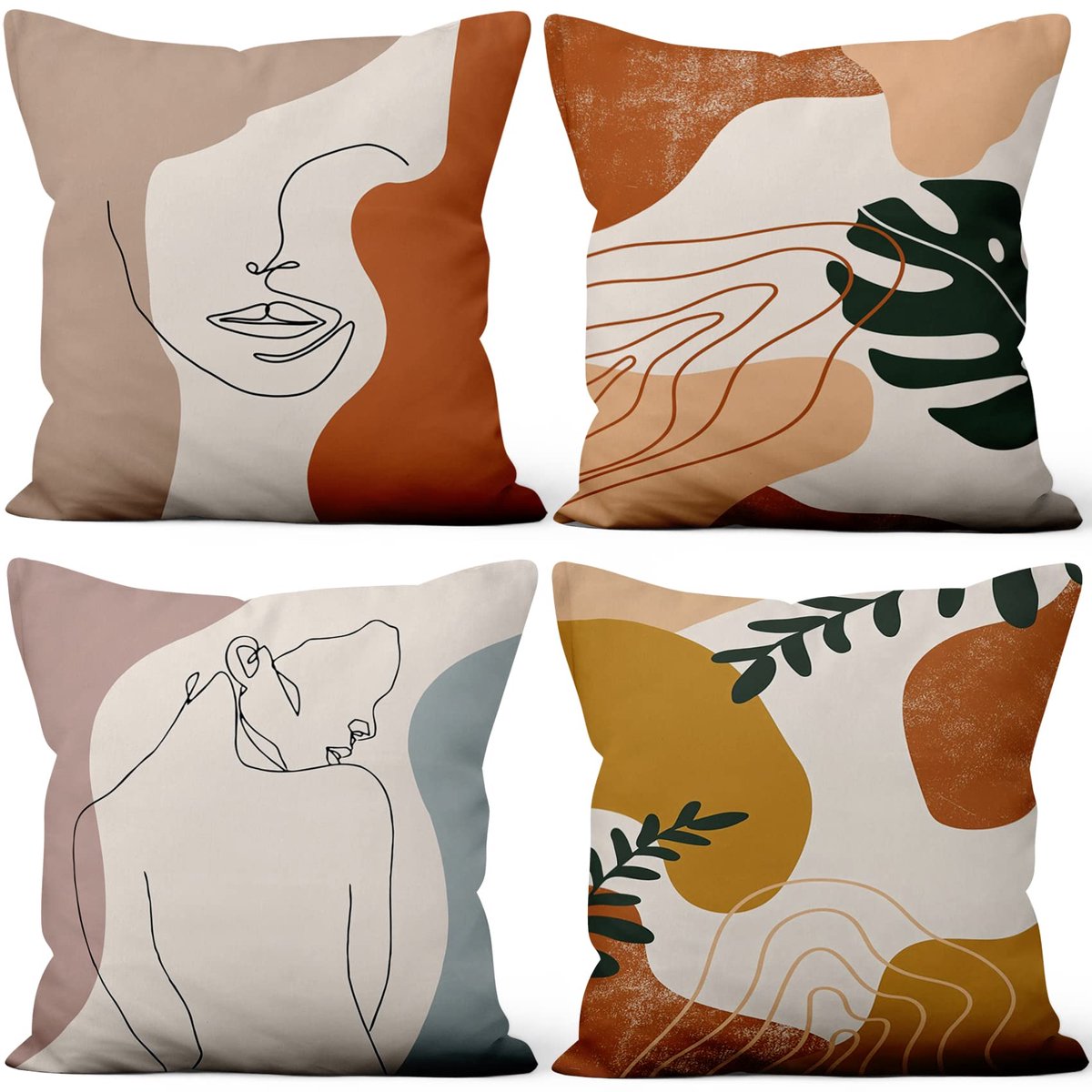 Kussenslopen Set van 4, abstracte minimalistische kussenslopen man gezicht vrouw body line bladeren zachte korte pluche vierkante kussensloop voor bank slaapkamer auto 20 "x 20" (vervaagde r