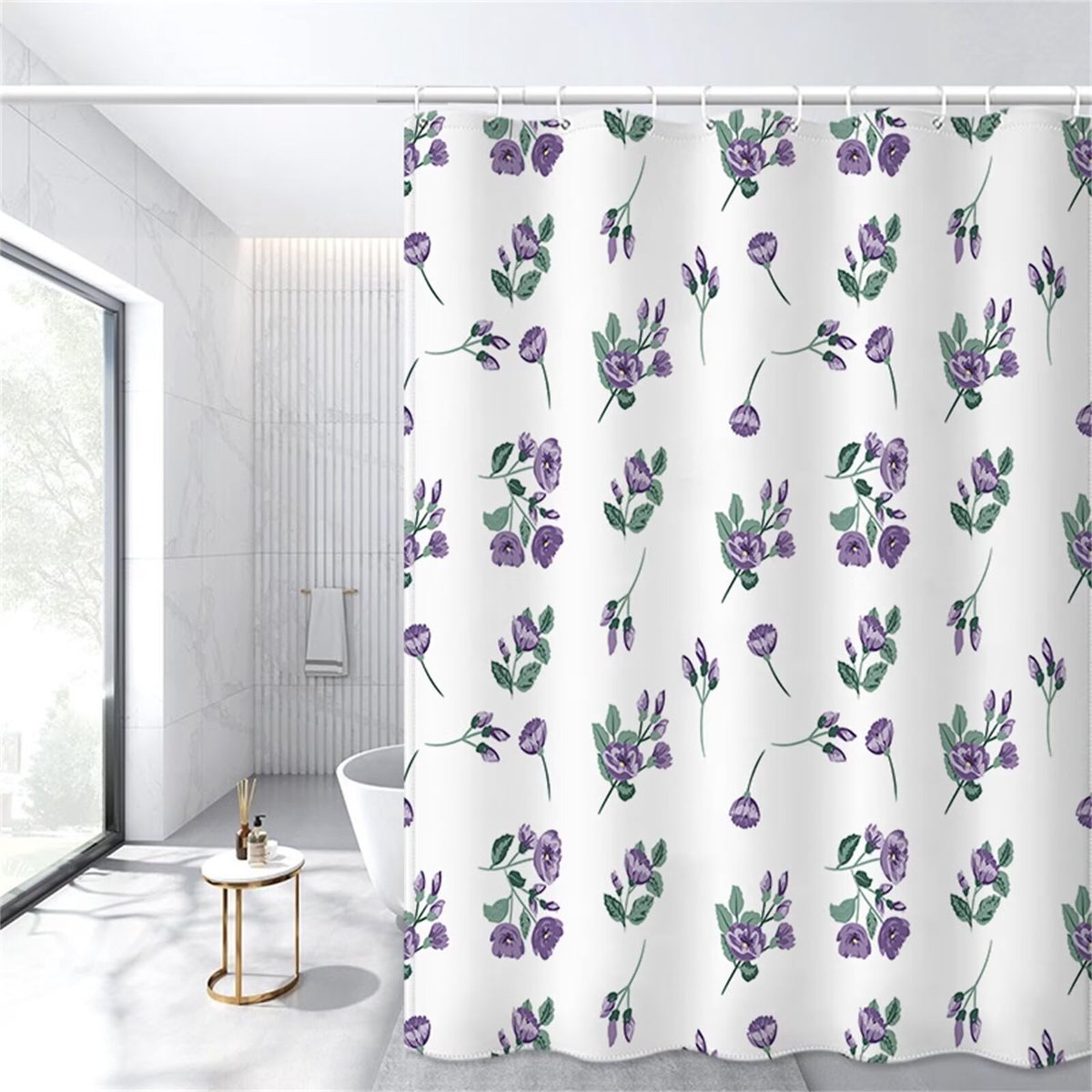 Douchegordijn, textiel, paars, bloemenmotief, 180 x 180 cm, schimmelwerend, waterdicht, badgordijn, polyester douchegordijn, verzwaarde zoom met inslagringen en 12 douchegordijnringen, voor