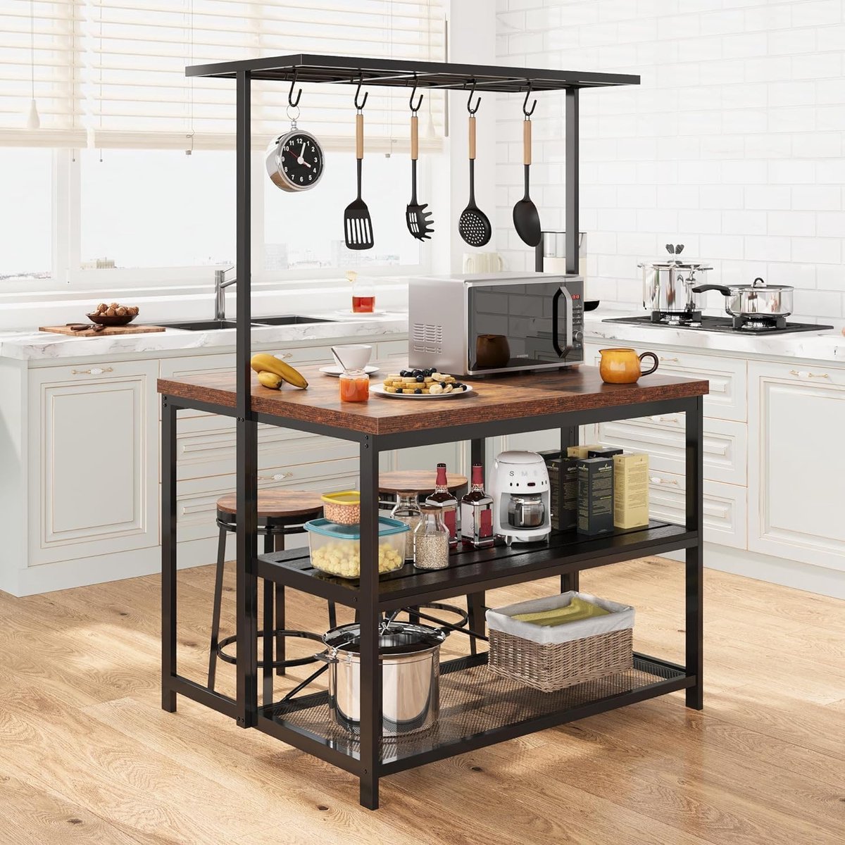 Keukeneiland met Opbergruimte - Keukentafel met Bakkersrek - Magnetron Standaard met 3 Planken en 5 Haken - Koffiebar en Werkplek - 107 x 71 x 183 cm