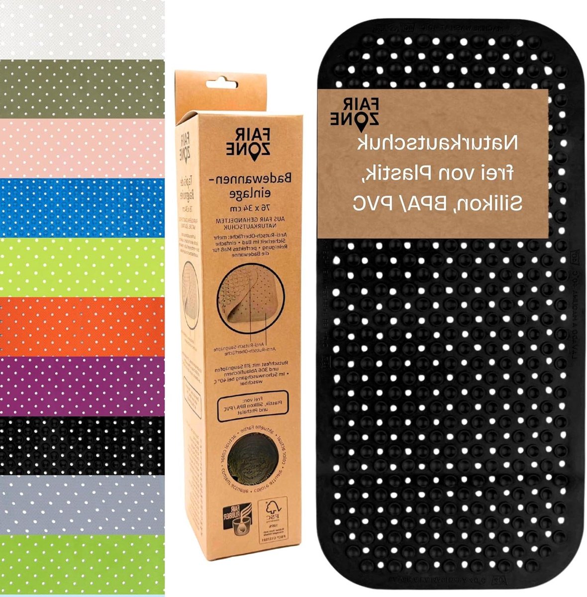 Badkuipmat Antislip - Douchemat Rubber - Veilig Douchen - Plasticvrij Natuurrubber - 76 x 34 cm - Zwart