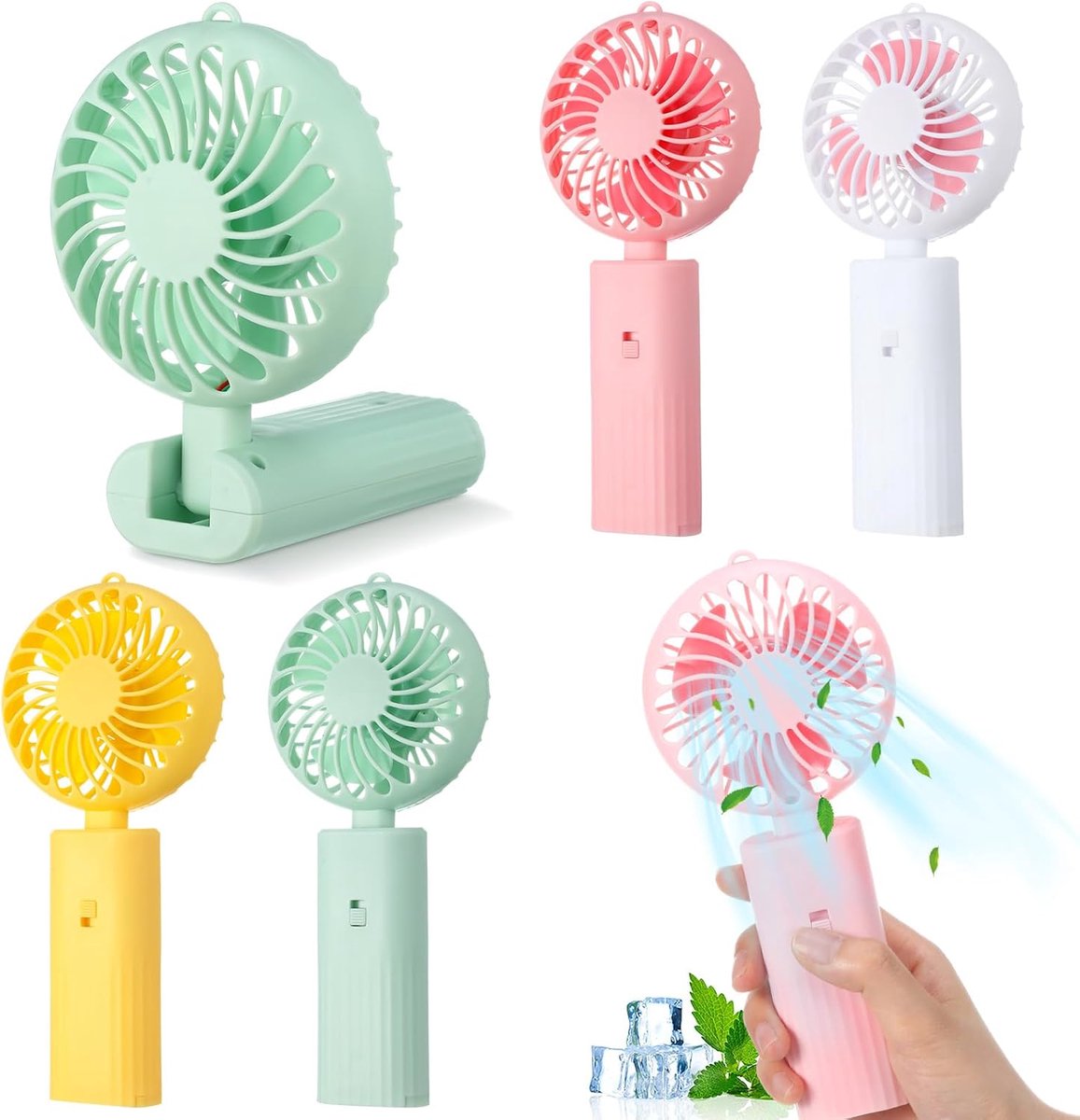Handventilator - 4 Stuks - Ventilator - Op batterijen - Mini Fan - Draagbare Tafelventilator - Aircooler - koeling - Cadeau - Inclusief Draagkoord - Voor Thuiskantoor, Reizen, Buiten - Wit+Groen+Roze+Geel