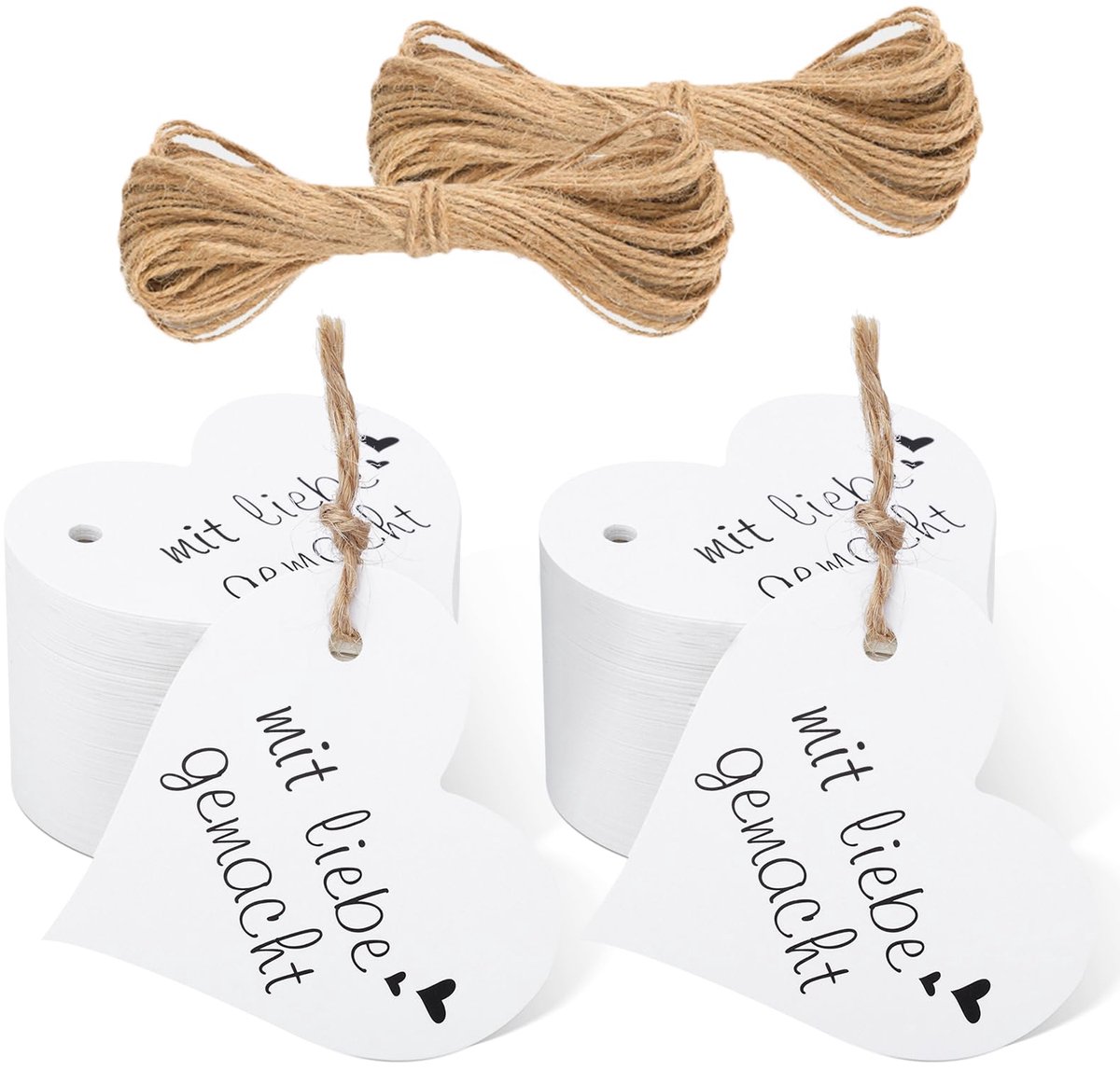 jijAcraft 100 stuks hartvormige cadeauhangers met liefde gemaakt, 6 cm bruiloft hanger wit kraftpapier etiketten met 20 m jute koord, voor Valentijnsdag Kerstmis geschenkverpakking