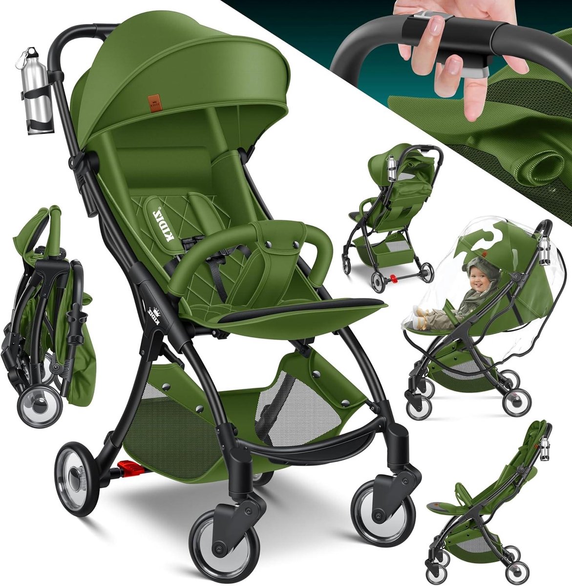 Kinderwagen Opvouwbaar - Buggy Reiswieg - Veilig Vervoer - Eénhandig Inklapbaar - 15 kg - Kaki