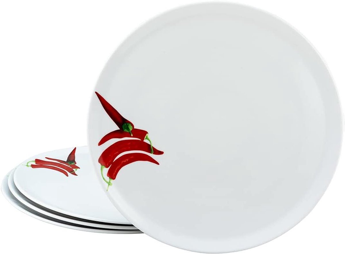 Servies Set - Pizza Borden - Gezellig Tafelen - Chili Decoratie - 4 Stuks - Wit