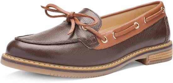 Donkerbruine leren loafer van Ara met een lichtbruine rand, strikdetail en contrasterende zool.