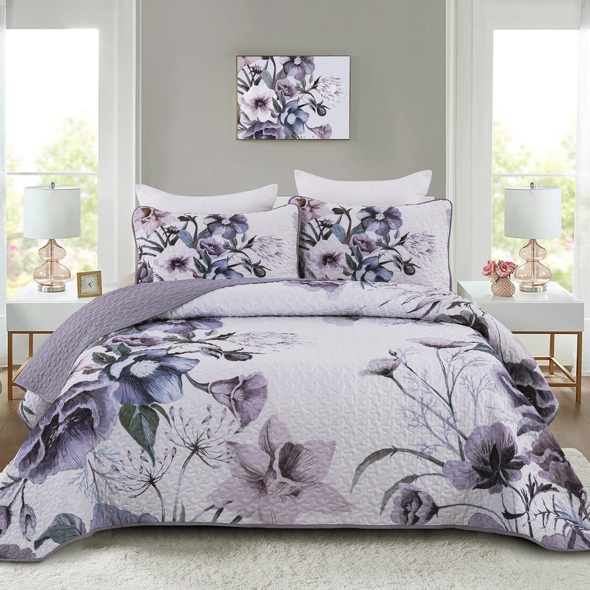 Bloemen Quilt Set King 3 Stuks Boho Paars Quilt Coverlet Set Zachte Microfiber Lichtgewicht Paars Bloemen Gewatteerde Sprei voor Alle Seizoen 264 cm x 90 inch