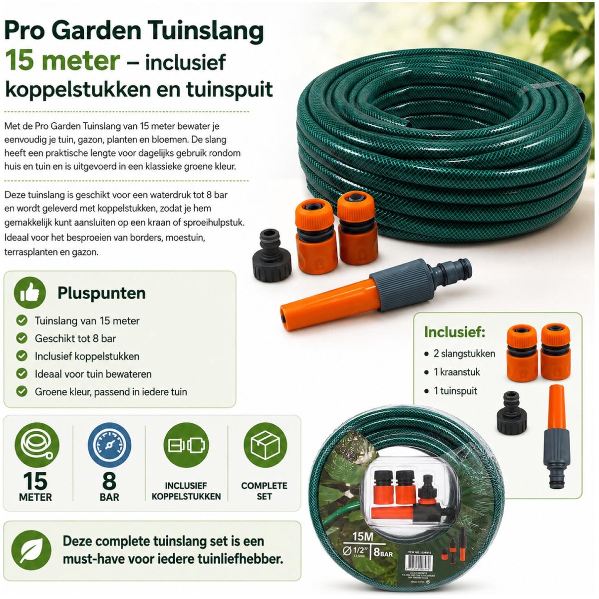 Pro Garden Tuinslang - 15 meter - groen - tot 8 bar - incl. koppelstukken - tuin bewateren – foto 4