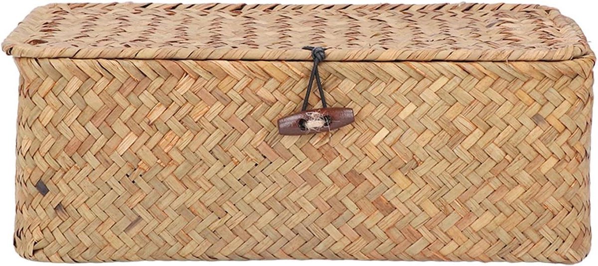 Opbergmand met Deksel - Gevlochten mand - Thuis Organiseren - Handgeweven zeegras - 27 x 17 x 10 cm - Natuurlijk