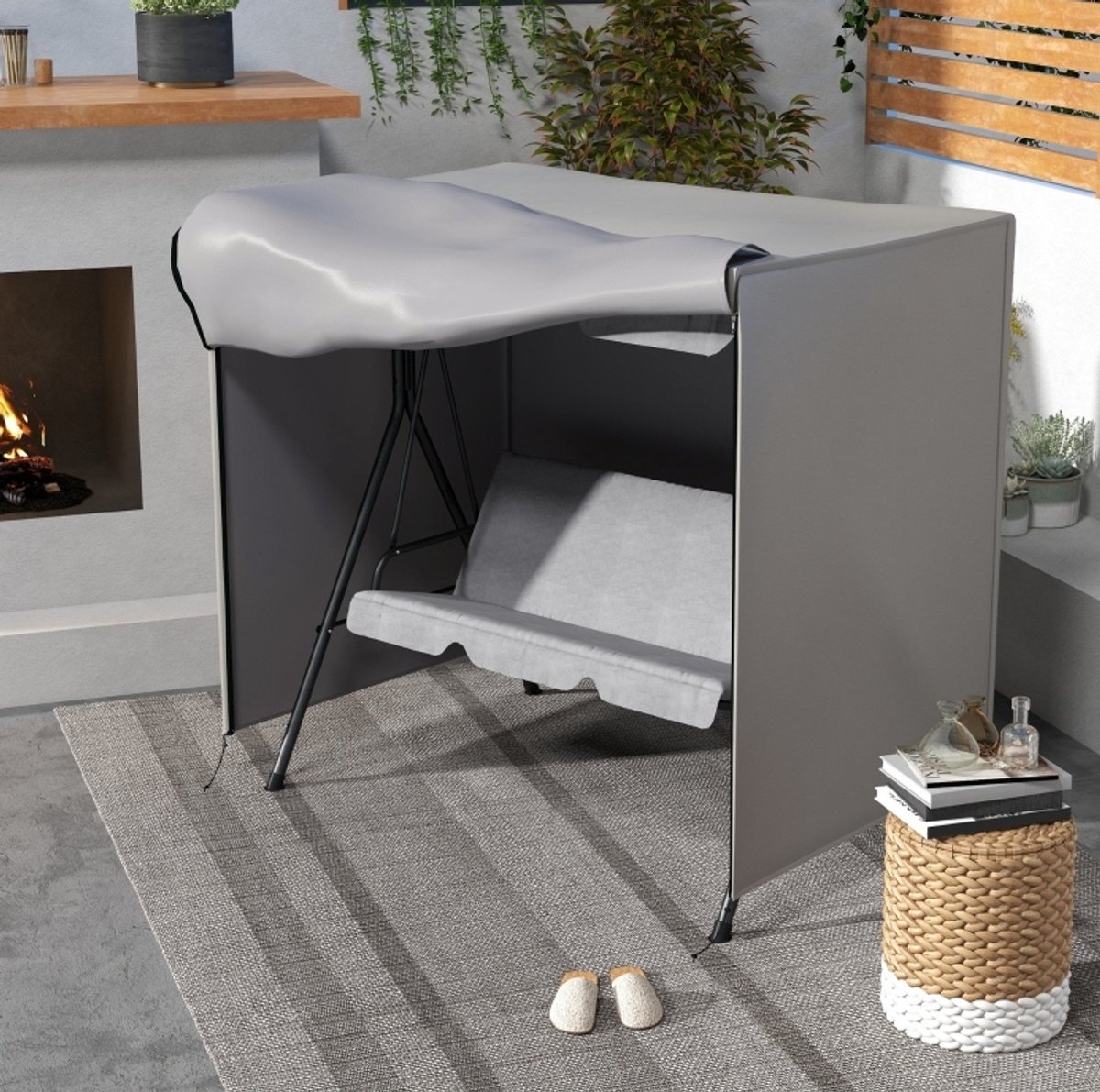 MEUNIQ Schommelbankhoes 177 x 114 x 152 cm met rits en bevestiging onderaan, tuinmeubelhoes voor tuinschommel met UV-bescherming en ademend ontwerp, grijs