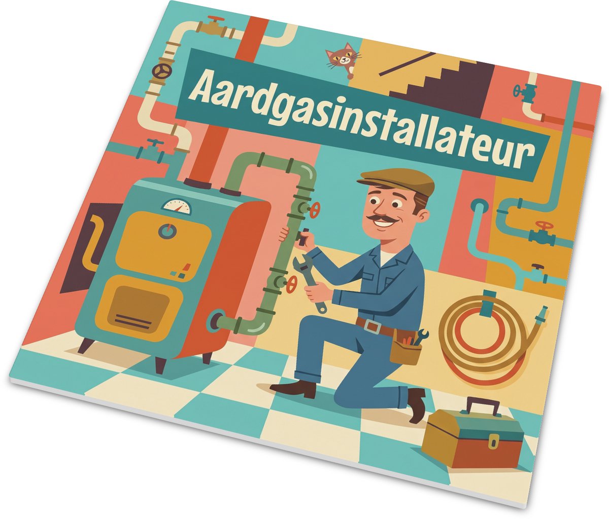Tegeltje Aardgasinstallateur met monteur, leidingen en ketel, retro gouache illustratie, t