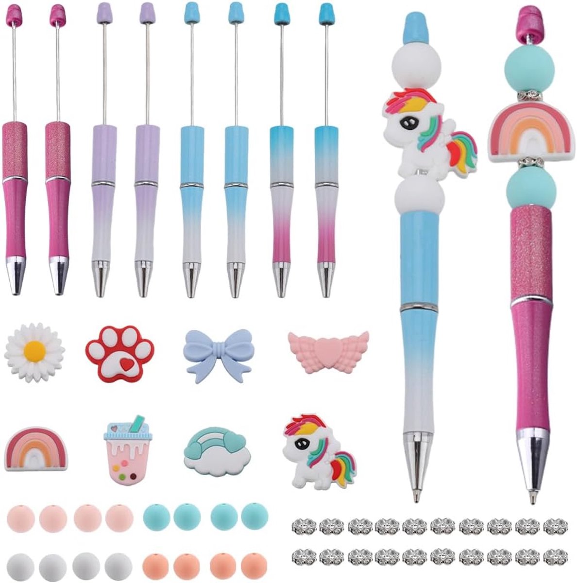 DIY 8 Sets Kralen Pen Kit Met Eenhoorn Regenboog Siliconen Focale Kralen - Balpennen Maken Benodigdheden - Zwarte Inkt Set Voor Leraren Volwassenen Geschenken